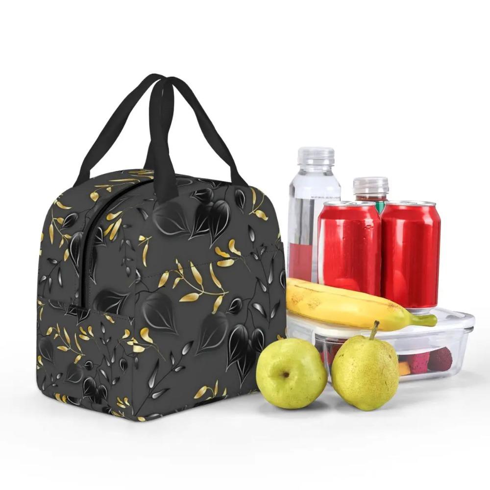 Black Golden Leaf Print Insulated Lunch Bag for Women Children Leakproof Food Boxes Thermal Lunch Box Tote
