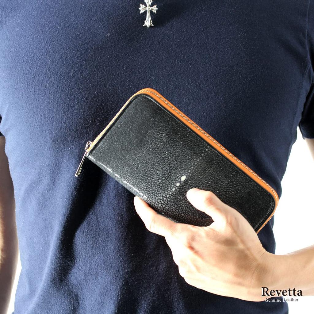[Revetta] Stingray Leather Long Wallet with Round Zipper, Stingray and Galuchat Pattern, Orange Genuine Leather with Orange Leather Interior [195stw]