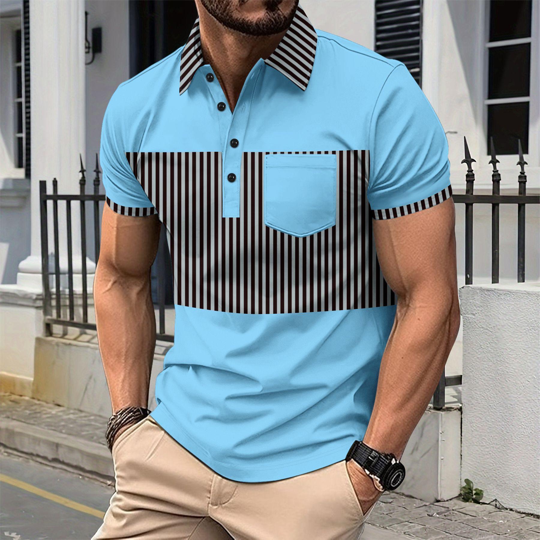 

Pocket Button Lapel Striped Men s Casual Polo Shirts S светло-синий