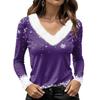 Women's Long Sleeve Christmas Print V-Neck Top with Plush Furry Collar Snowflake and Christmas Tree Design