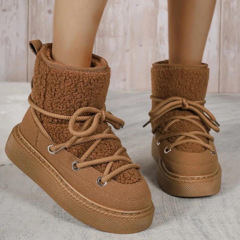 Fashion Fashion Lace Up Design Platform Womens Snow Boots Winter Faux Fur Flats Wool Warm Cotton Shoe Anti-slip Short Boot Botas