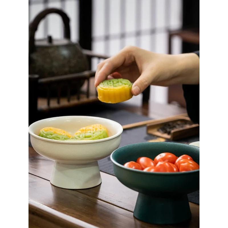 Household Refreshment Plate High Foot Fruit Plate Zen Small Plate Japanese Dessert Dried Fruit Bowl Ceramic Tray Serving Plate