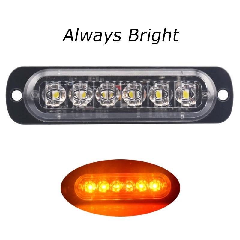 6 LED Flashing Warning Lights 18 Strobe Modes Car Motorcycle Truck Side Strobe Lamp Safety Driving High Bright Light 12-24V