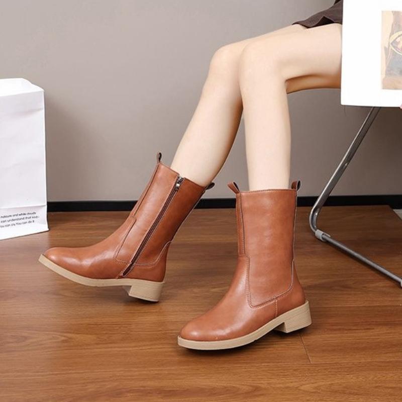 Round Toe Leather Ladies Mid Calf Shoes Autumn Winter Middle Heel Women's Half High Boots Demi-season Y2k Gothic Footwear Sale