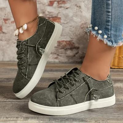 Tendance Femme Mode 2024 Grande Taille Semelle Plate Chaussure Unique pour Printemps et Automne Nouvel Article Denim Décolleté Lacets Chaussures Décontractées de Sport