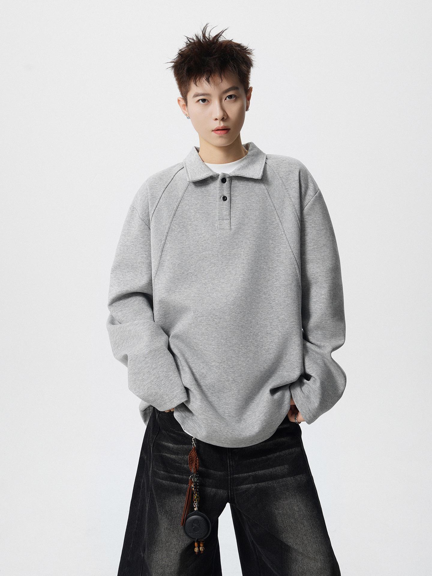 Men s Autumn/Winter Deconstructed Polo Collar Heavyweight Retro Patchwork Crewneck Hoodie Medium