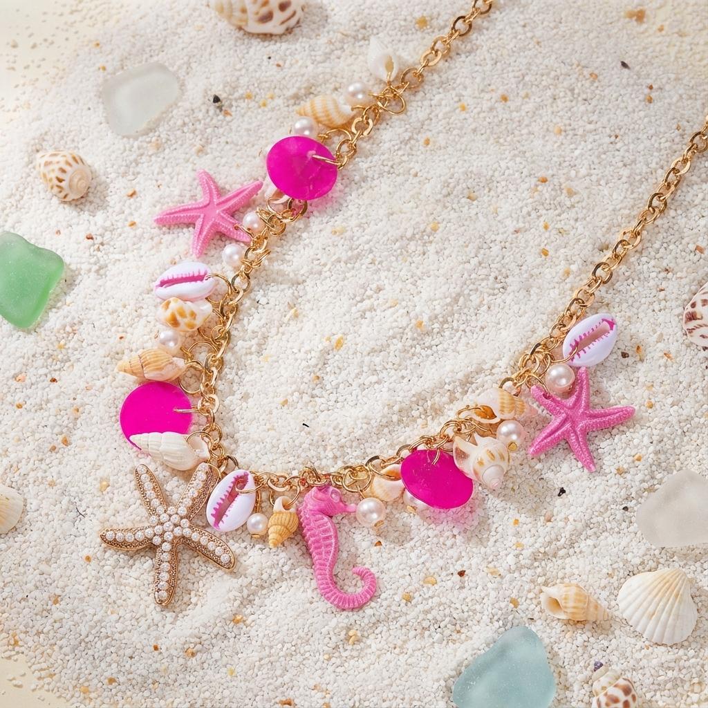 Y2K Unique Ocean Theme Necklace for Women Gold Color Chain Seahorse Starfish Pendant Maximalist Jewelry Dopamine Gift Party