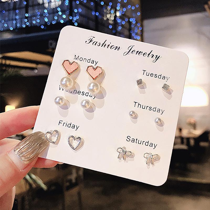 Stud Earrings Set For Women Statement Heart Star Snowflake Flower  Pearl One Week Minimalist Set Of Earrings Gift