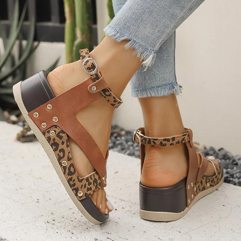 Fashion Summer Women's Shoes Leopard Print Wedge Sandals Women Plus Size Ankle Strap High Heel Sandal Female Slip on Sandalias De Mujer