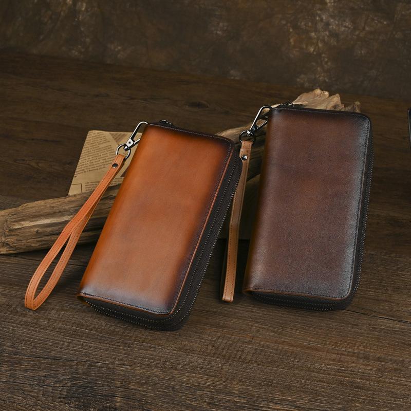Herren Retro Langbörse, Leder Reißverschluss Geldbörse, Doppellagige Rindsleder Handtasche, Retro Lässige Clutch Tasche