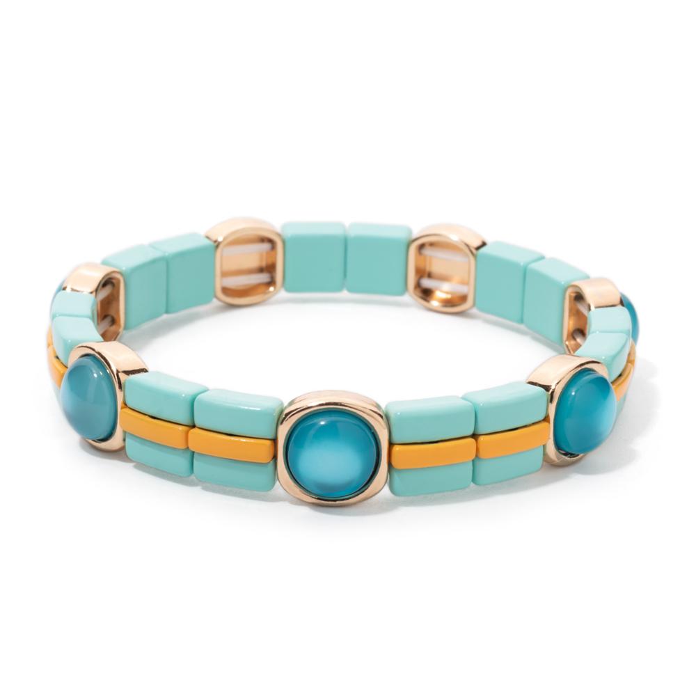 New Fashion Deil Eye Enamel Bangle for Women Colorful Beaded Boho Rectangle Shape Hand Accessory