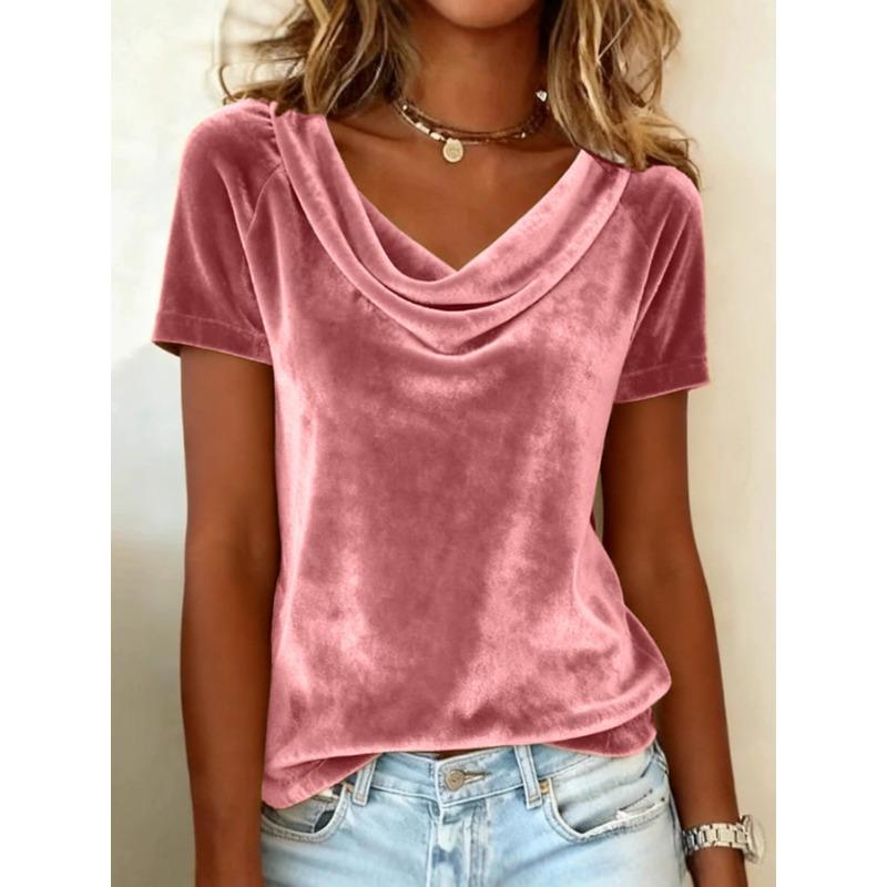 Damen Rollkragen Samt Kurzarm Bluse Elegantes Lässiges Oberteil