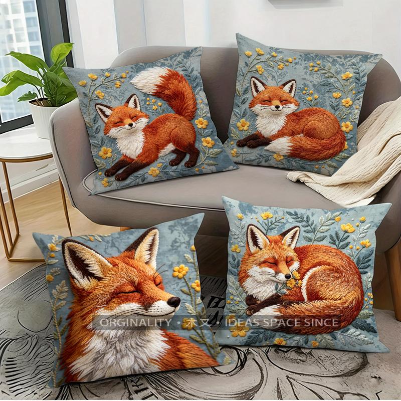 Cute Embroidery Style Fox Floral Throw Pillow Covers Pattern Cushion Cover Suitable for Sofa Bedroom Car Pillow Cover