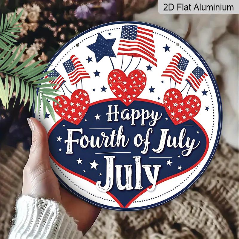 2D Flat, 1pc Round Aluminum Hanging Sign - 4th of July Patriotic Metal Wall Sign, "Happy Fourth of July" Star & Flag Design, Perfect for Indoor