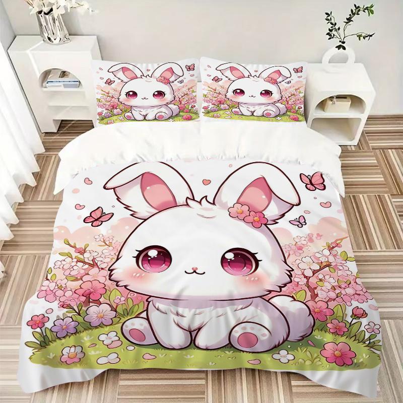 3pcs Sweet White Rabbit Bedding Set, Including 1 Quilt Cover and 2 Pillow Shams, Without Filling, Soft and Comfortable Home Bedroom Fabric,