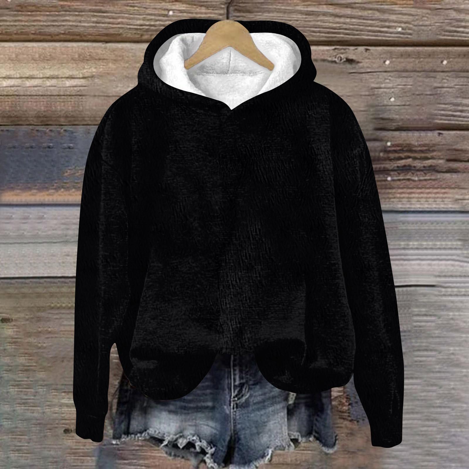 

Женская модная повседневная толстовка с капюшоном и длинным рукавом из однотонной фланели L чёрный