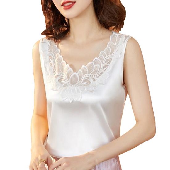 Letnia damska kamizelka w jednolitym kolorze, koronkowa, z dekoltem w szpic, luźna bluzka bez rękawów