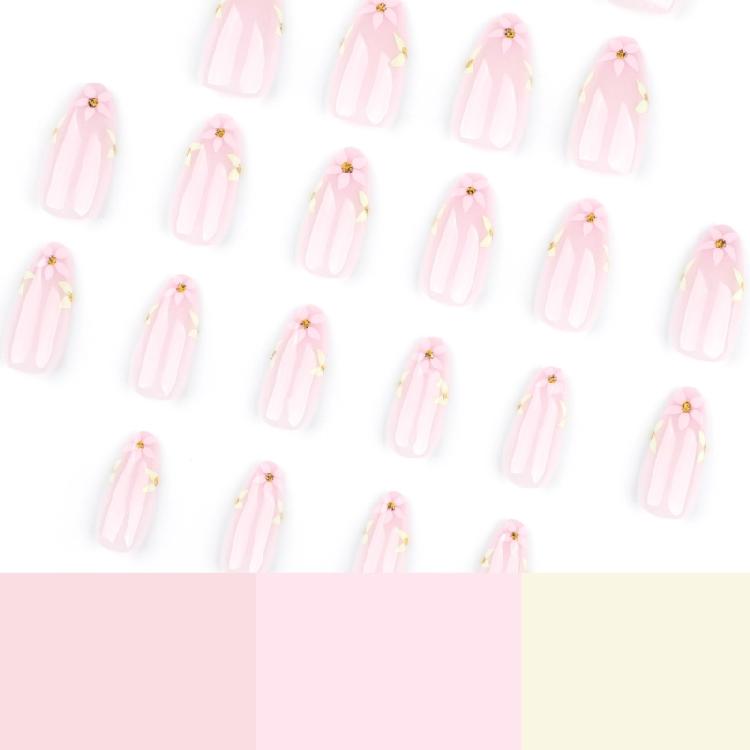 24pcs Press On Nail Short Almond False Nail With Flowers Designs Glossy Artificial Full Cover Stick On Nail for Women