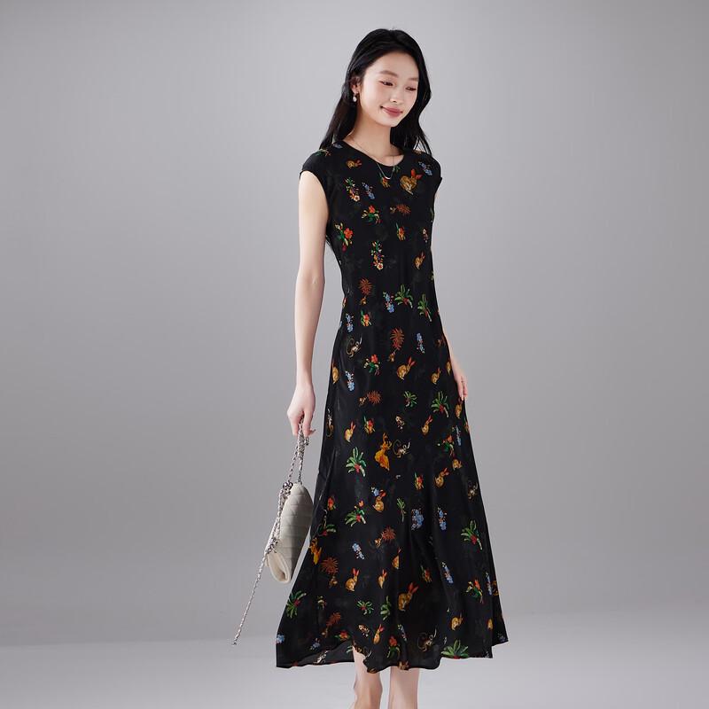SOFSIL Women's Round Neck Floral Mulberry Silk Summer Long Dress
