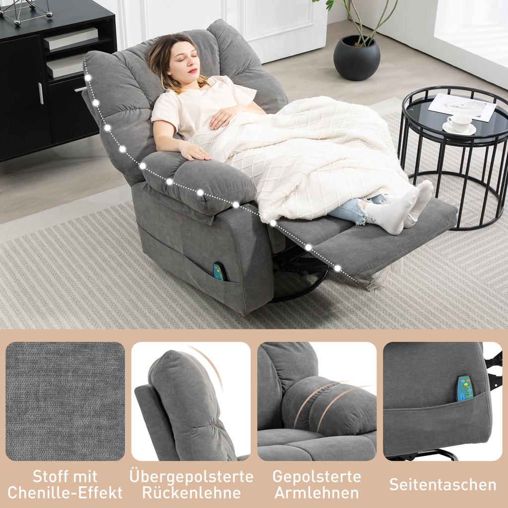 Recliner with Massage Function, Reclining Function, Swivel Massage Chair, 4 Side Pockets and Remote Control, Dark Gray