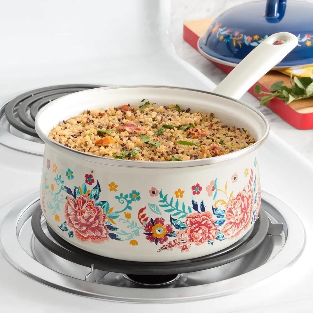 Floral Enamel-on-Steel Saucepan 2QT Kitchen Essential Durable Cookware Vintage Inspired Boiling Sauce Heating Soup Charming