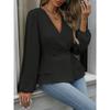 Damen einfarbiges doppelreihiges langärmliges Oberteil mit elegantem V-Ausschnitt und plissiertem Design, geeignet für Dates und Arbeit, kombiniert