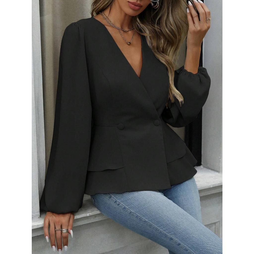 Damen einfarbiges doppelreihiges langärmliges Oberteil mit elegantem V-Ausschnitt und plissiertem Design, geeignet für Dates und Arbeit, kombiniert