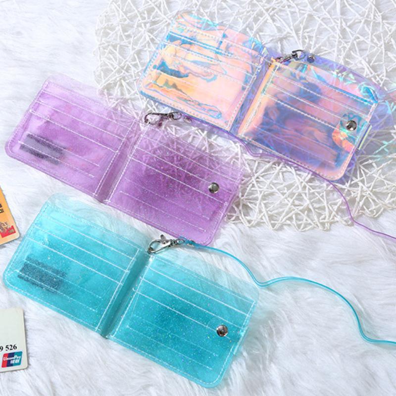 Portofel scurt PVC transparent pentru fete Clar Idol Suport pentru card foto mâneci Femei Poșetă cu monede cu laser sclipitoare Suport card de credit
