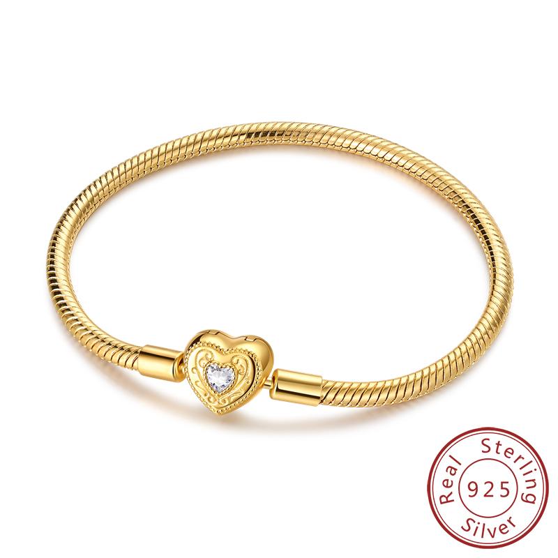 Originální náramek 925 Sterling Silver Náramek s přívěsky 17-20CM Zlaté Srdce Klíč Lásky Vločka Náramek Manžeta Dámské Šperky Dárek