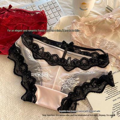 French Lace Satin Low-Waist Sexy Panties for Women with Cotton Crotch, Breathable and Stylish Design