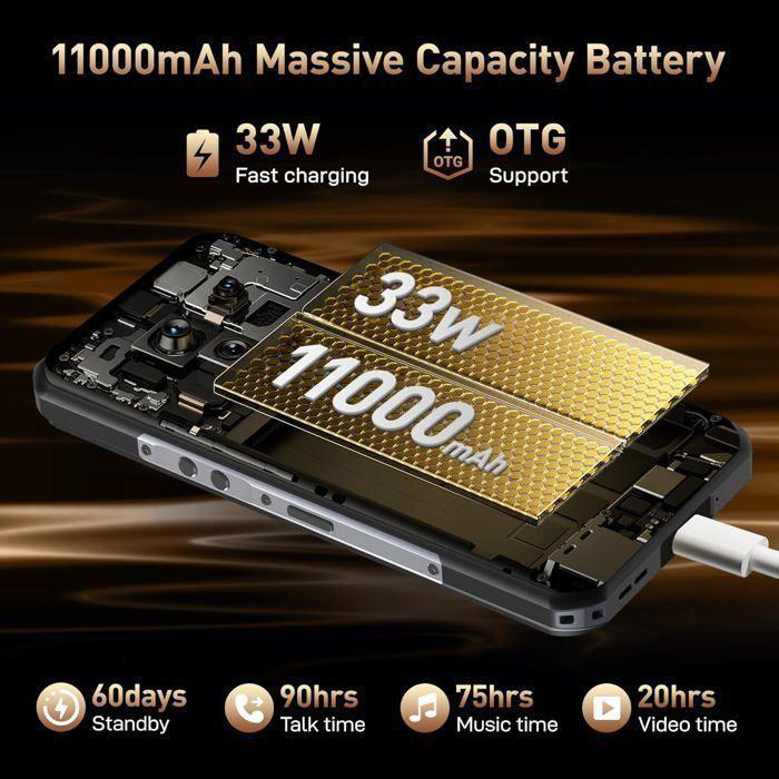 Smartphone Robuste OUKITEL WP39 Pro 5G 36Go+512Go 6.6" FHD+ 11000mAhh 64MP Telephone Incassable Android 14 Dual SIM/NFC/GPS - Noir
