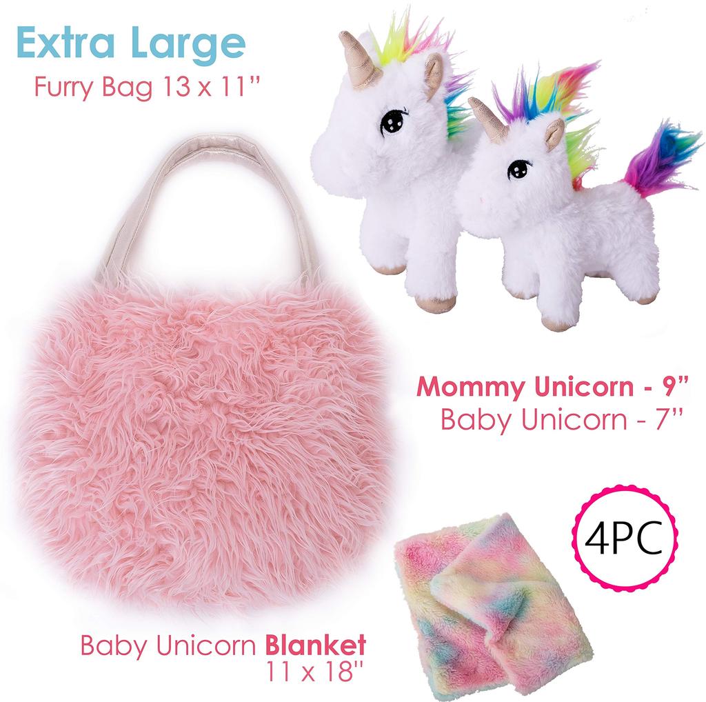 Perfectto Design Unicorn Toys for Girls Ages 3-10 4-Piece Set - Mommy and Baby Plush Toy, Bag, and Doll Blanket. Unicorn Gifts for Girls Ages 3-8,