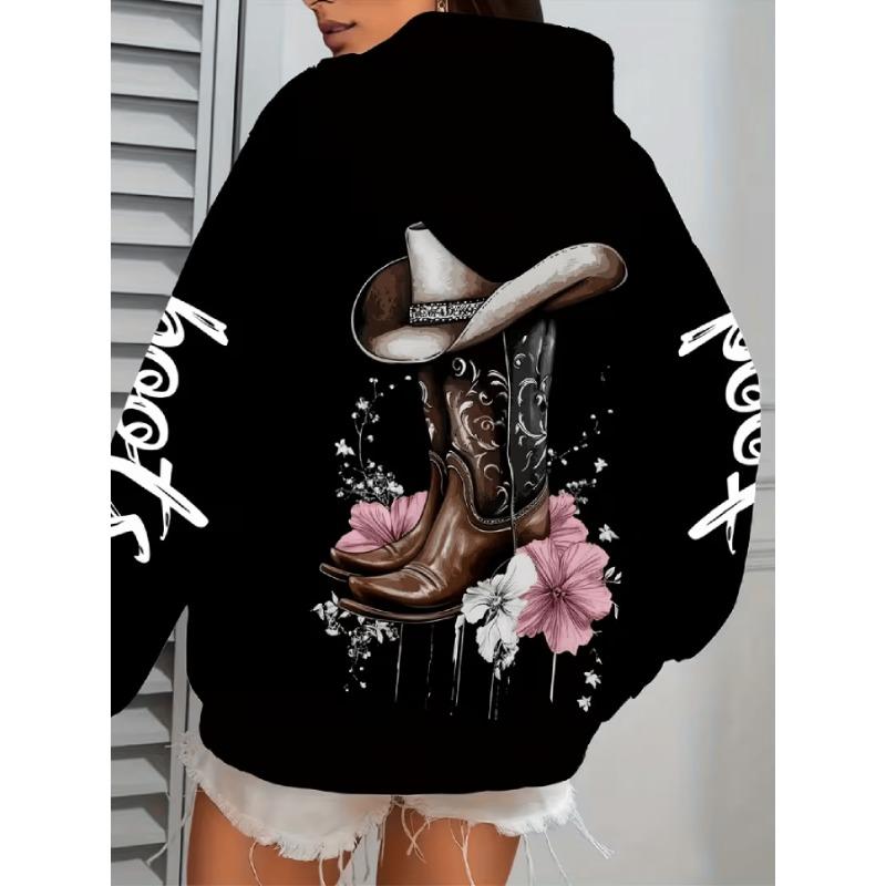 Ladies Casual Zipper Hoodie, Letter Hat Boots Printed Hoodie S