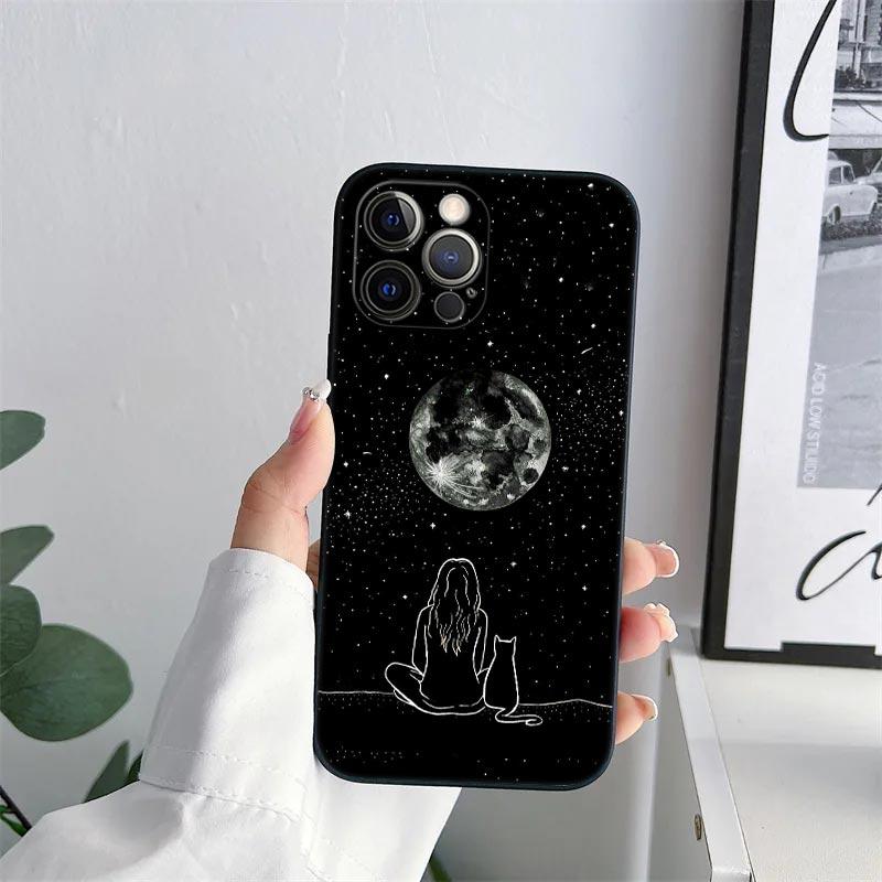 Black Cat Line Phone Case for iPhone 11 15 16 Pro Max Case Coque 14 Plus 13 Pro 12 Mini 11 X XS 16 8 SE2020 15Pro TPU Soft Cover