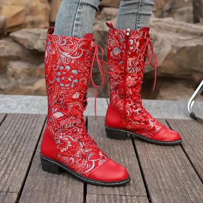 Colorful Pattern, Fashionable and Casual Medium and Long Tube Lace-up Ethnic Women's Boots