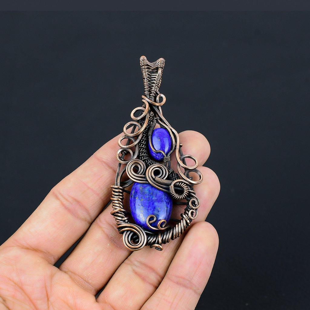 Pandantiv Lapis Lazuli Bijuterii cu Pietre Prețioase Lucrate Manual, Pandantiv Înfășurat în Sârmă de Cupru 999, Pandantiv Bijuterii cu Design Unic