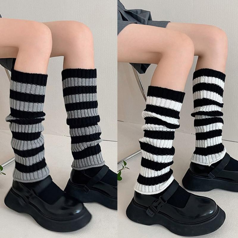 Winter Autumn Ribbed Knitted Leg Warmers Student Contrast Color Striped Foot Covers Middle Tube Calf Socks for Women
