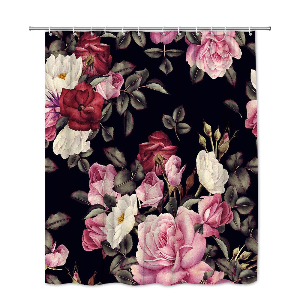 Black Background Rose Floral Shower Curtain Machine Washable All Season Waterproof Privacy Protection Elegant Design Romantic