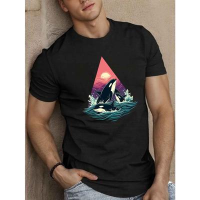 Europäische Größen Herren Sommer T-Shirt mit drei Orcas und einem Mond Design.