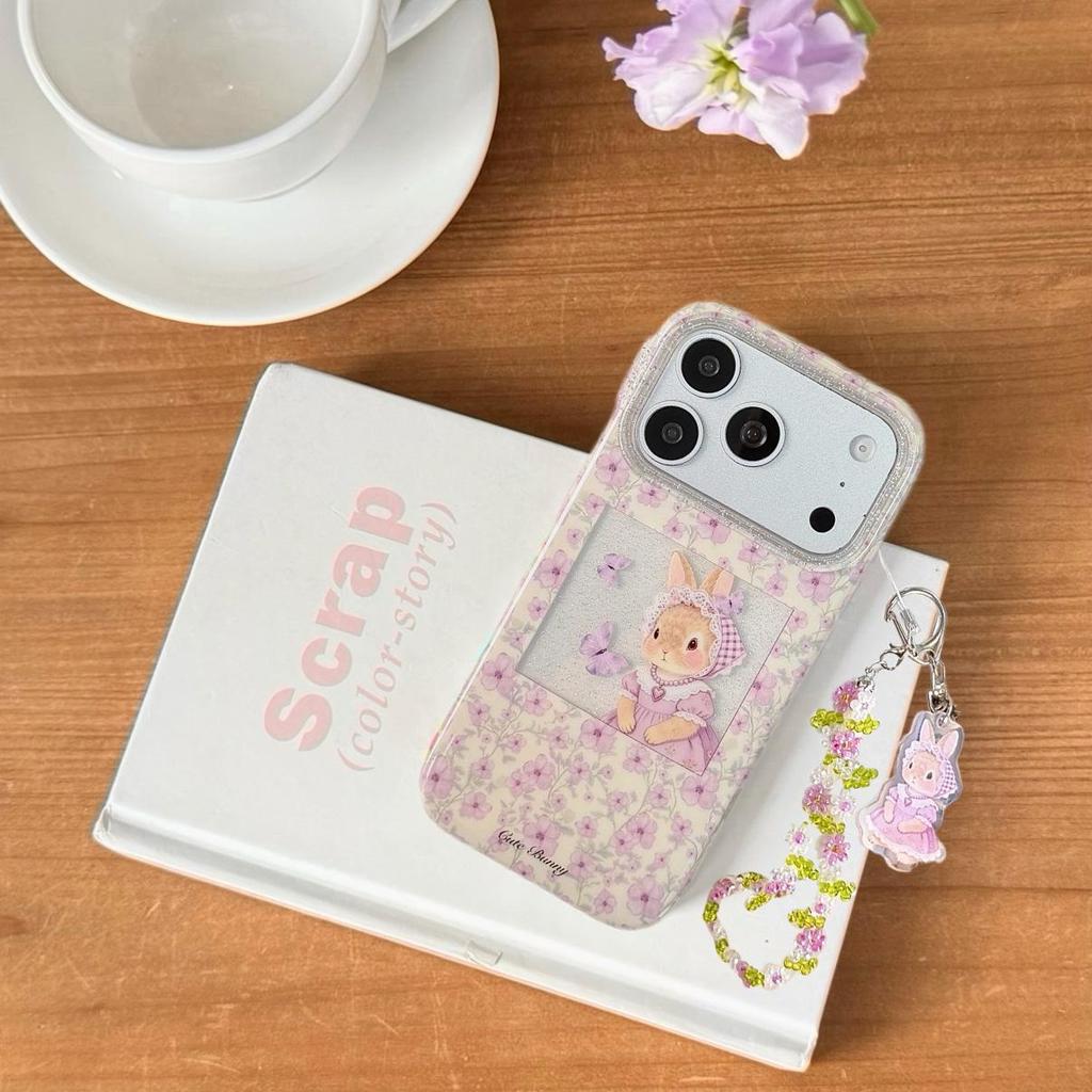 Purple Floral Rabbit Chain Case for iPhone 15/14/16/17 Pro Max
