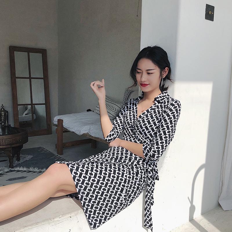 Women's Stand Collar High Waist Wrap Dress - Black & White, 3/4 Sleeve for Summer/Autumn