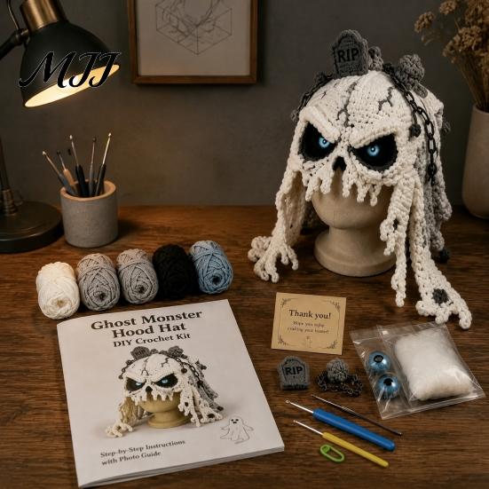 Stress Relief Craft Activity Halloween Animal Hood Crochet Kit, Skull Spider Bat Hat DIY Set for Adults Spooky Pumpkin Earflap Kit Teens,