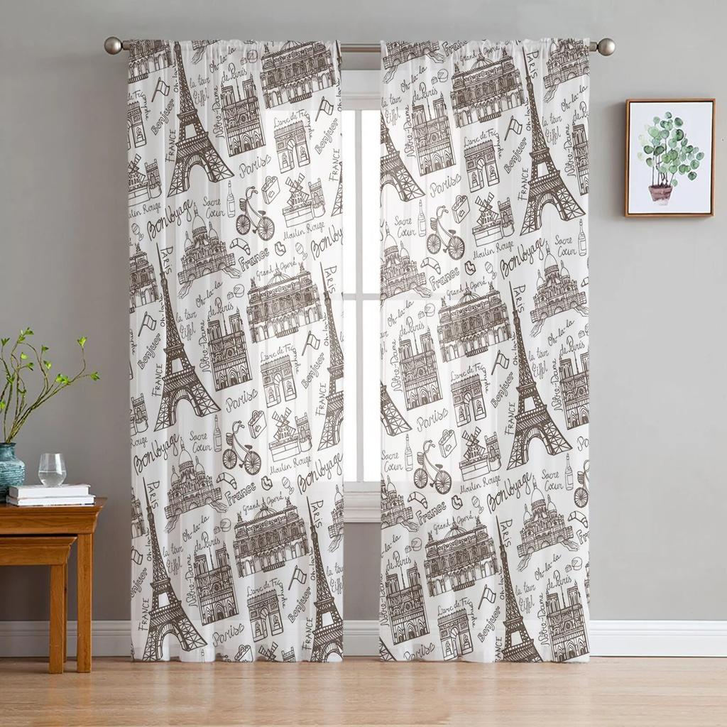 Black And White Paris Drawing Tulle Curtains for Living Room Drapes Window Sheer Modern Curtains for Bedroom Decor