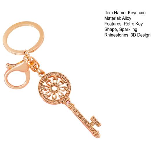 Keychain Pendant 3D Retro Key Shape Sparkling Rhinestones Inlaid Key Chain with Lobster Clasp Key Ring Bags Accessories