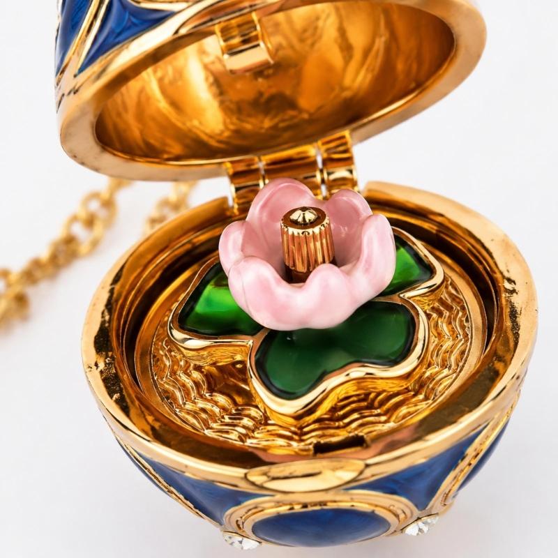 Enamel Egg Pendant Necklace with Hinged Opening, Collarbone Chain, Gold-Tone Chain, and Easter Outfit Styling for Women