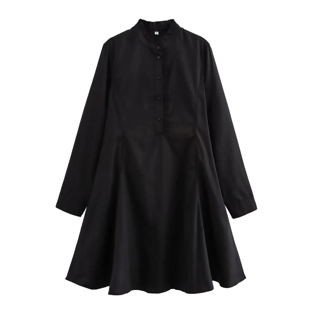 European & American High Street Style Women's Lace Stand-Up Collar Button Long Sleeve Dress