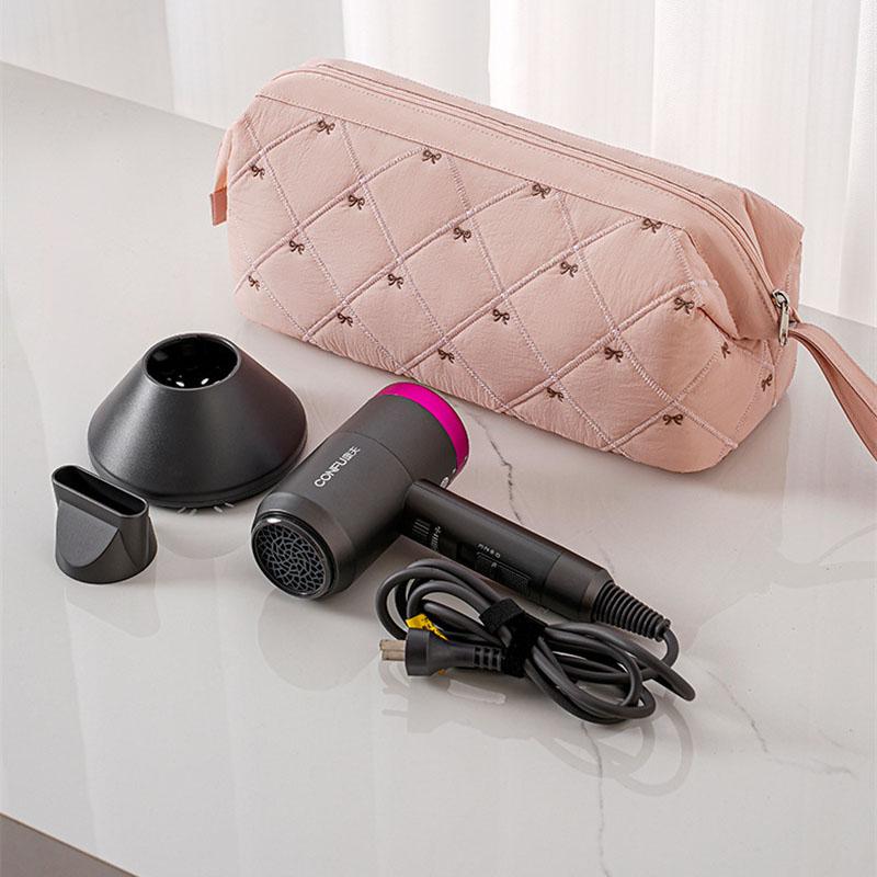 Hair Dryer Storage Bag For Travel Cute Bow Embroidery Quilted Hair Tools Waterproof Zipper Cosmetic Bags