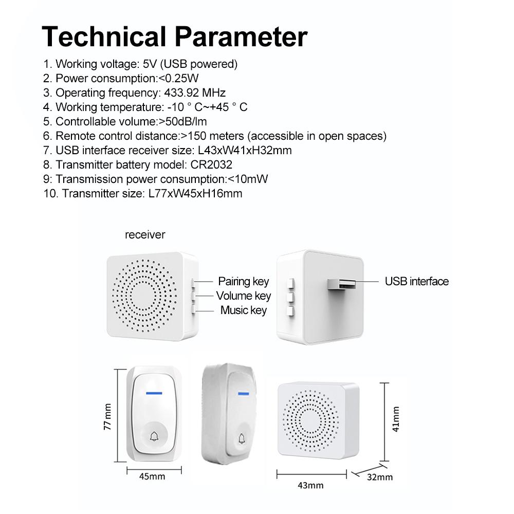 USB Wireless Doorbell Smart Welcome Door Bell Three-speed Volume 38 Songs Melodies Doorbell For Home Bed Call Emergent Call