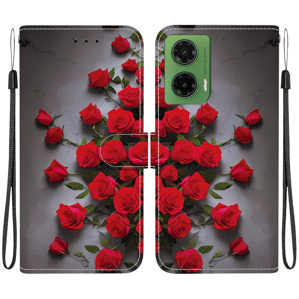 Handmade PU Leather Flip Case for Motorola Moto G35 Anti-Slip Shockproof Cover with Wrist Strap & Heart/Rose Cat Designs