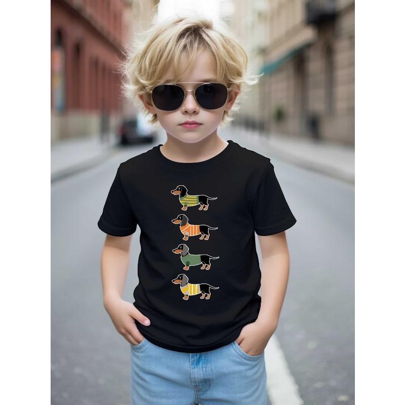 European Size Boys Round-neck Short-sleeved T-shirt with Four Dachshund Pattern Prints